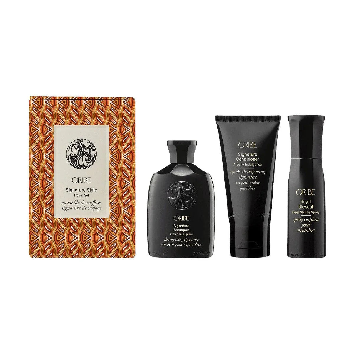 Oribe Signature Style Travel Set featuring black and gold luxury hair care bottles