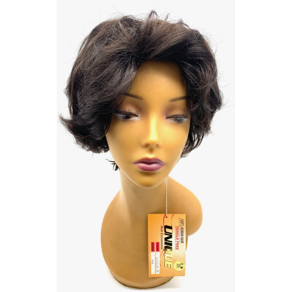 Close up of 100% Human Hair Full Wig Style #32792 in #1B Off Black natural tone