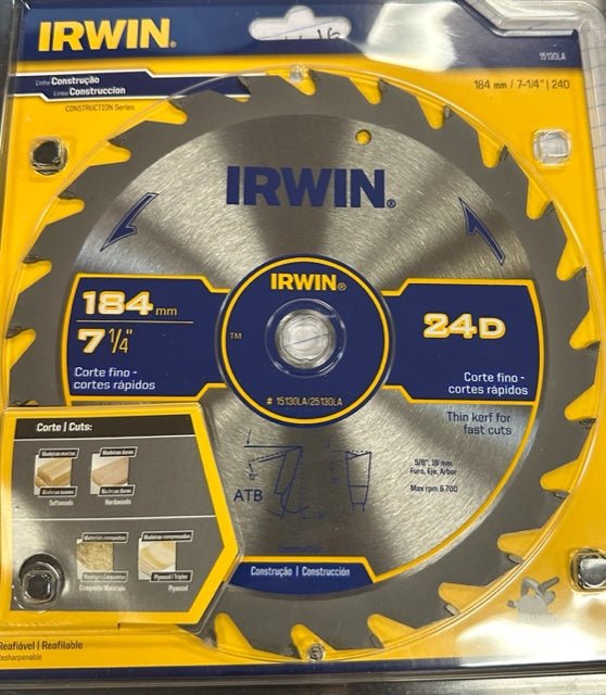 Industrial 7-1/4 inch 24-tooth silver circular saw blade with yellow and blue branding