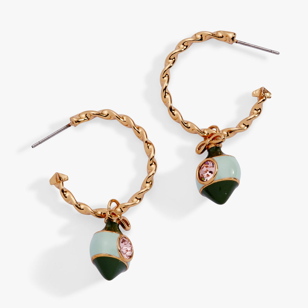 Polished gold twisted hoop earrings with crystal bow charms and pastel accents
