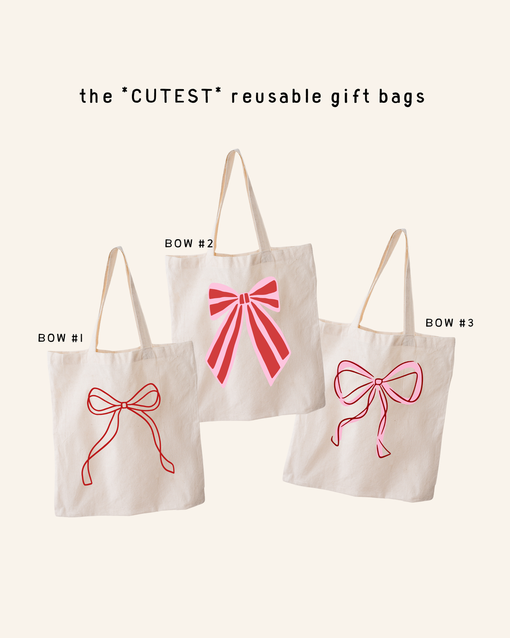 Off-white cotton reusable gift bag featuring red and pink bow graphic prints