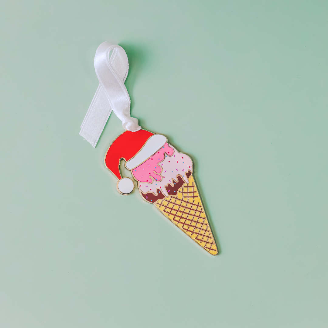Ice Cream Cone with Santa Hat Christmas Ornament