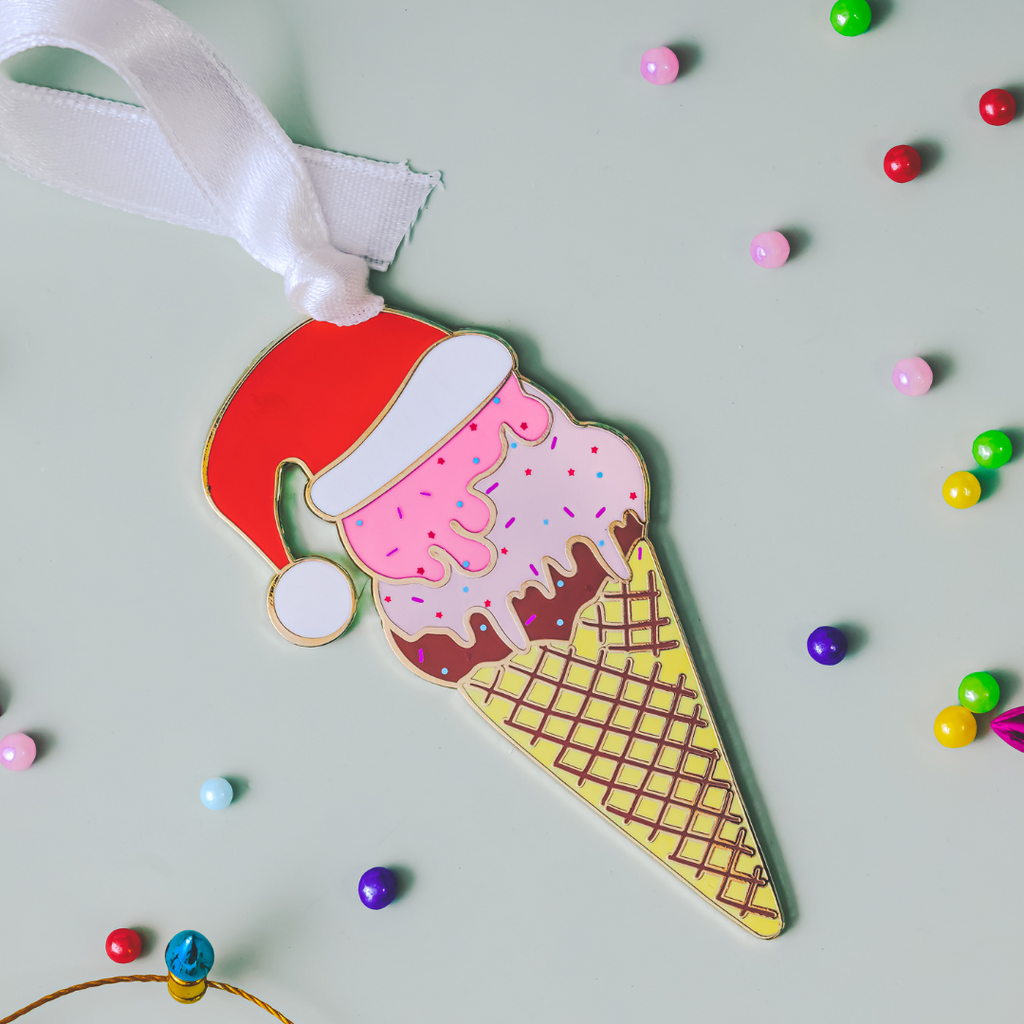 Ice Cream Cone with Santa Hat Christmas Ornament