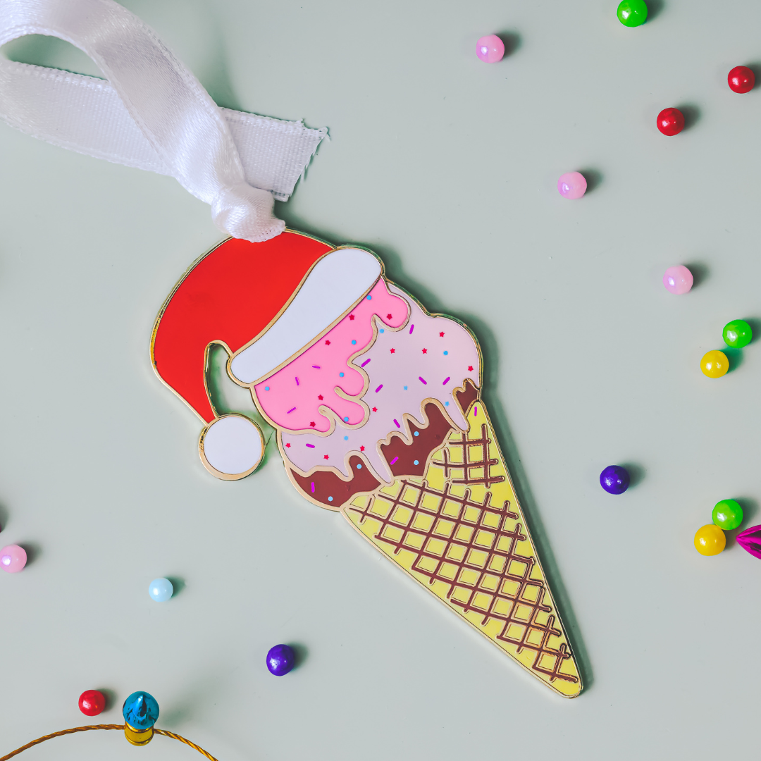 Ice Cream Cone with Santa Hat Christmas Ornament