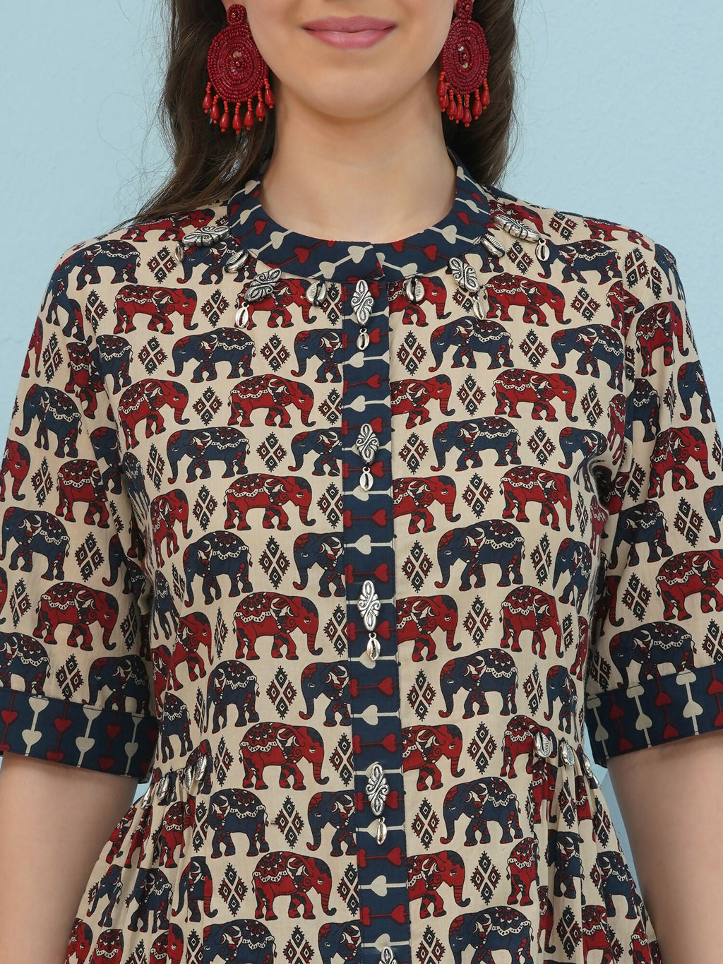 Beige Elephant Printed Cotton Co-Ord Set for Women