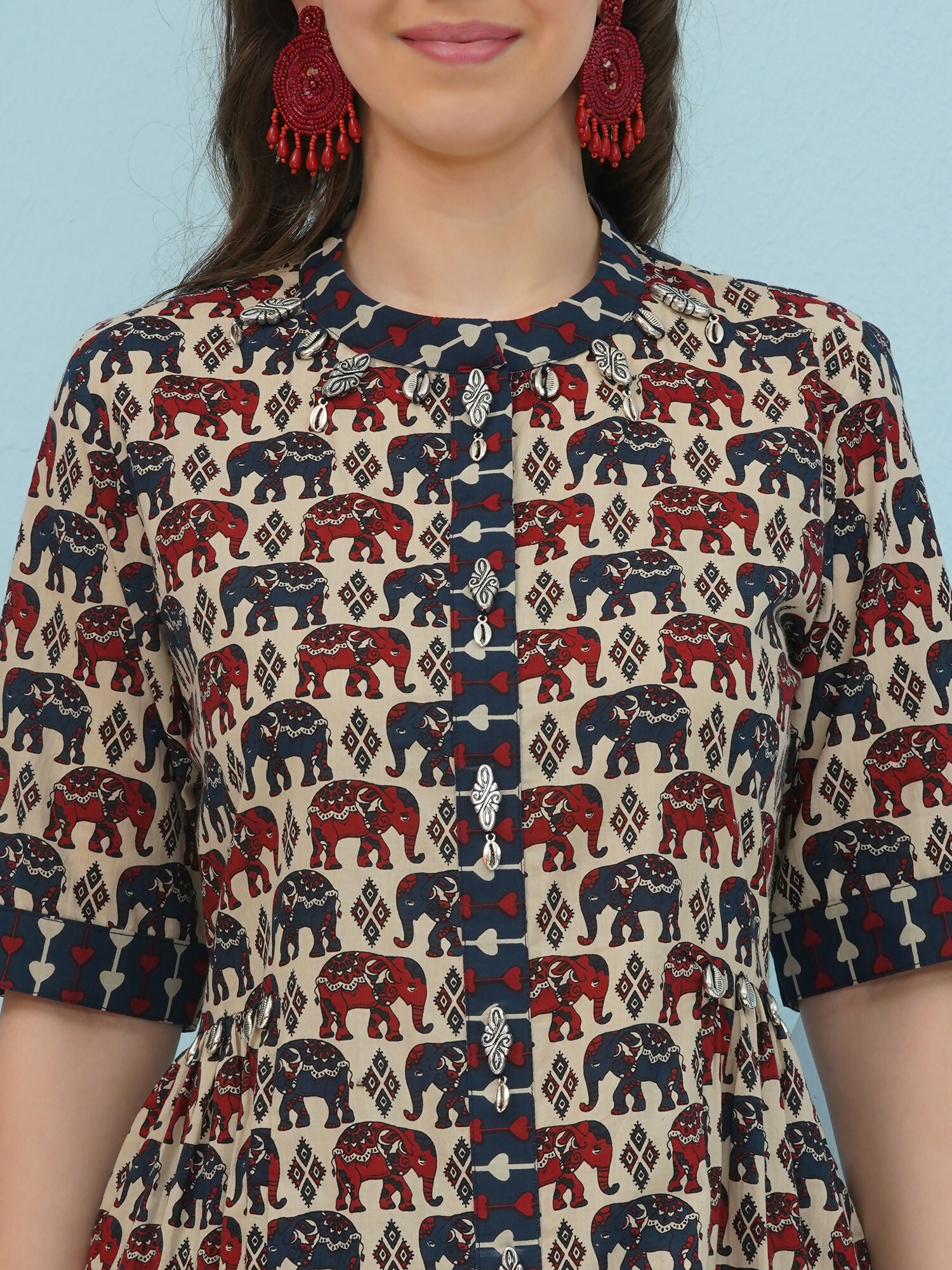 Beige Elephant Printed Cotton Co-Ord Set for Women