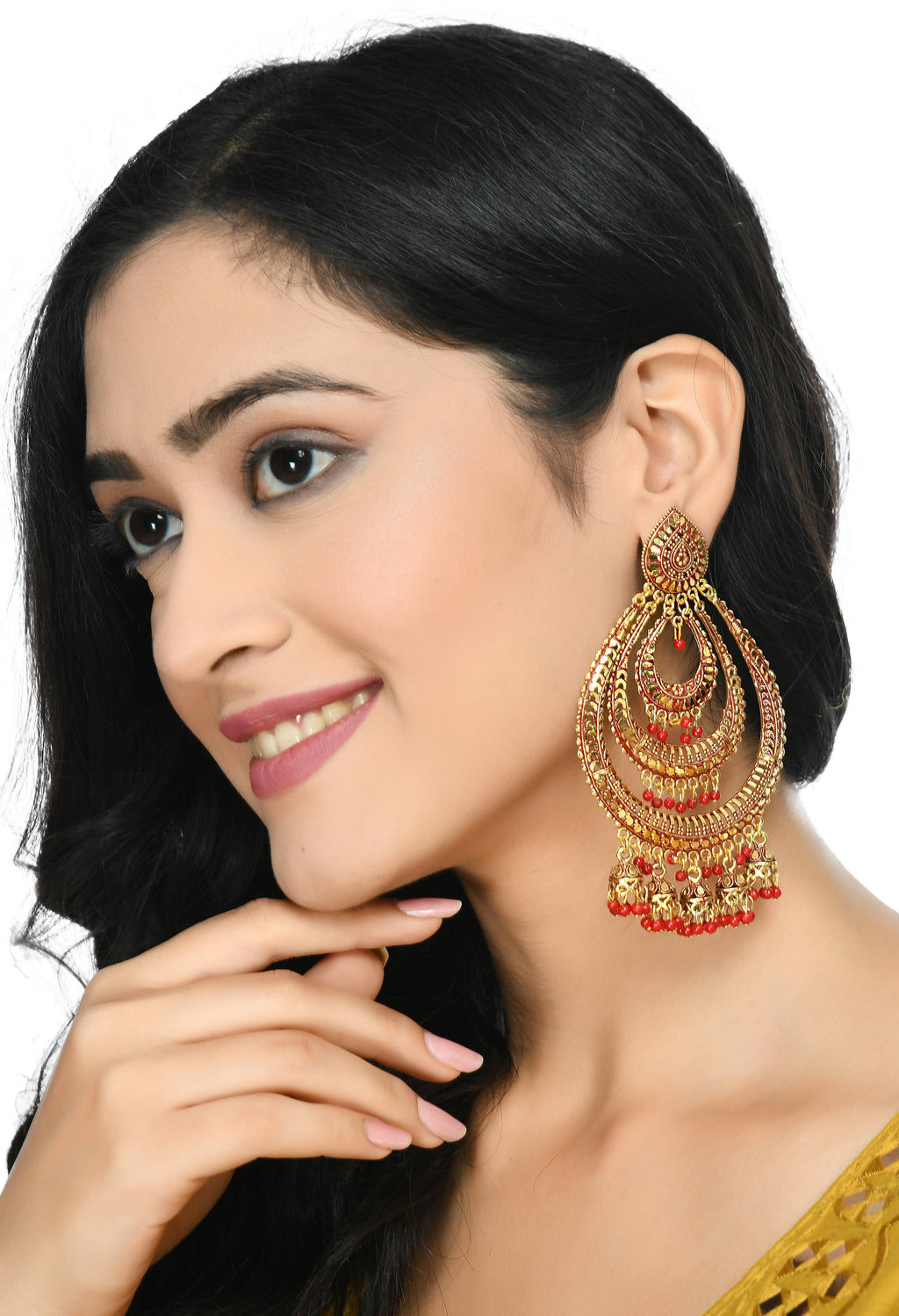 Big size triple circle earrings with white and red color details