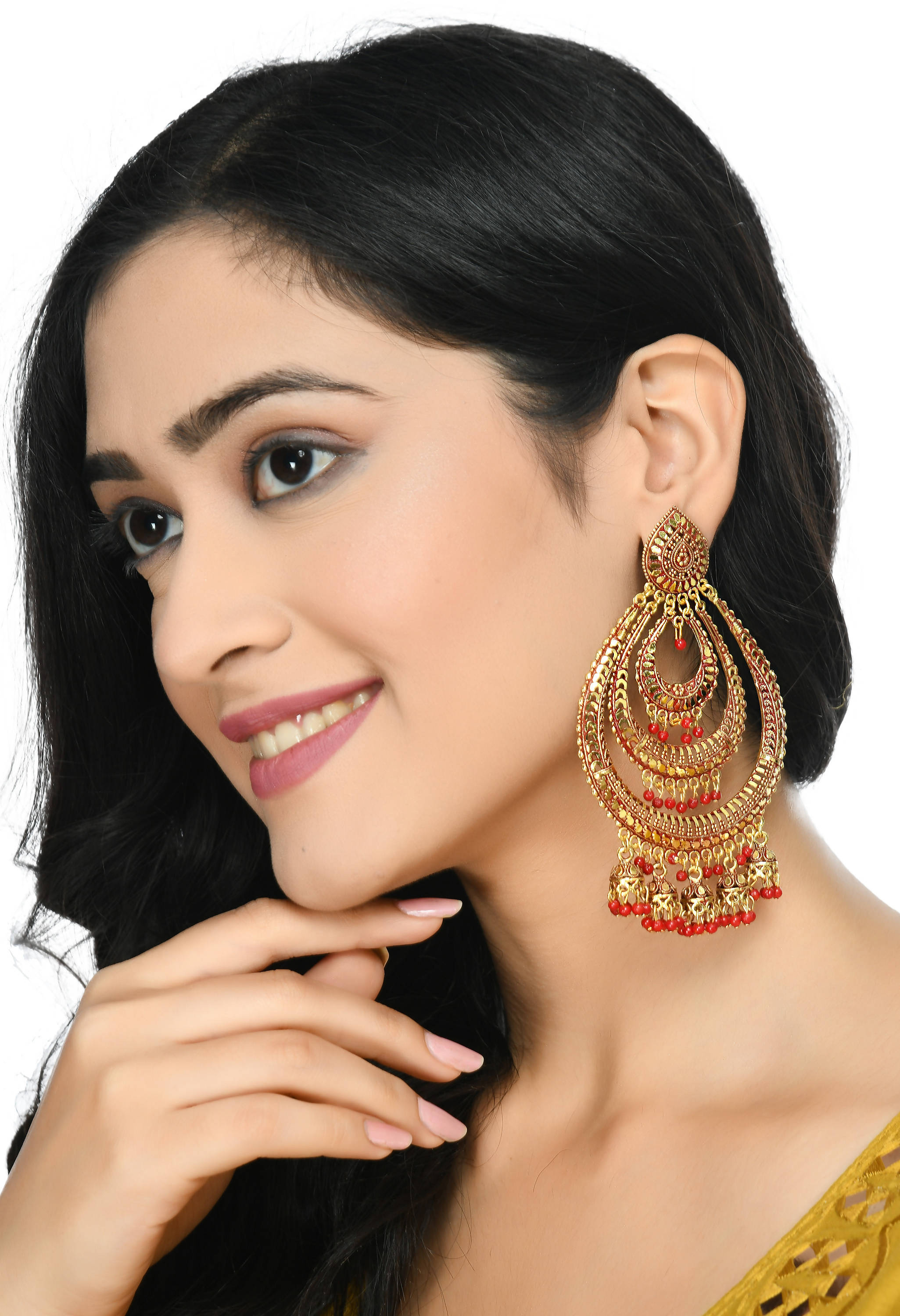 Big size triple circle earrings with white and red color details