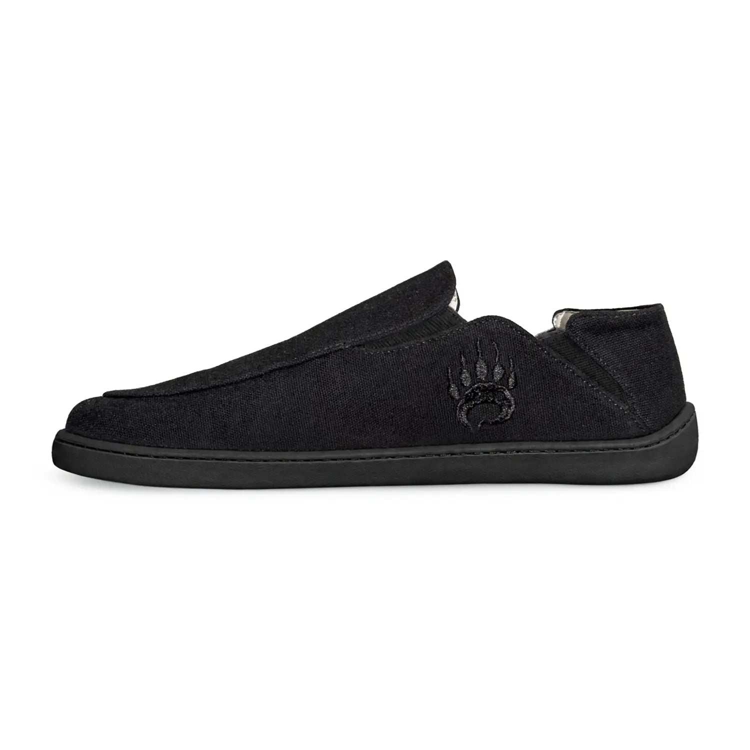 Oso CG2 barefoot slip-on shoe in black canvas viewed from the side