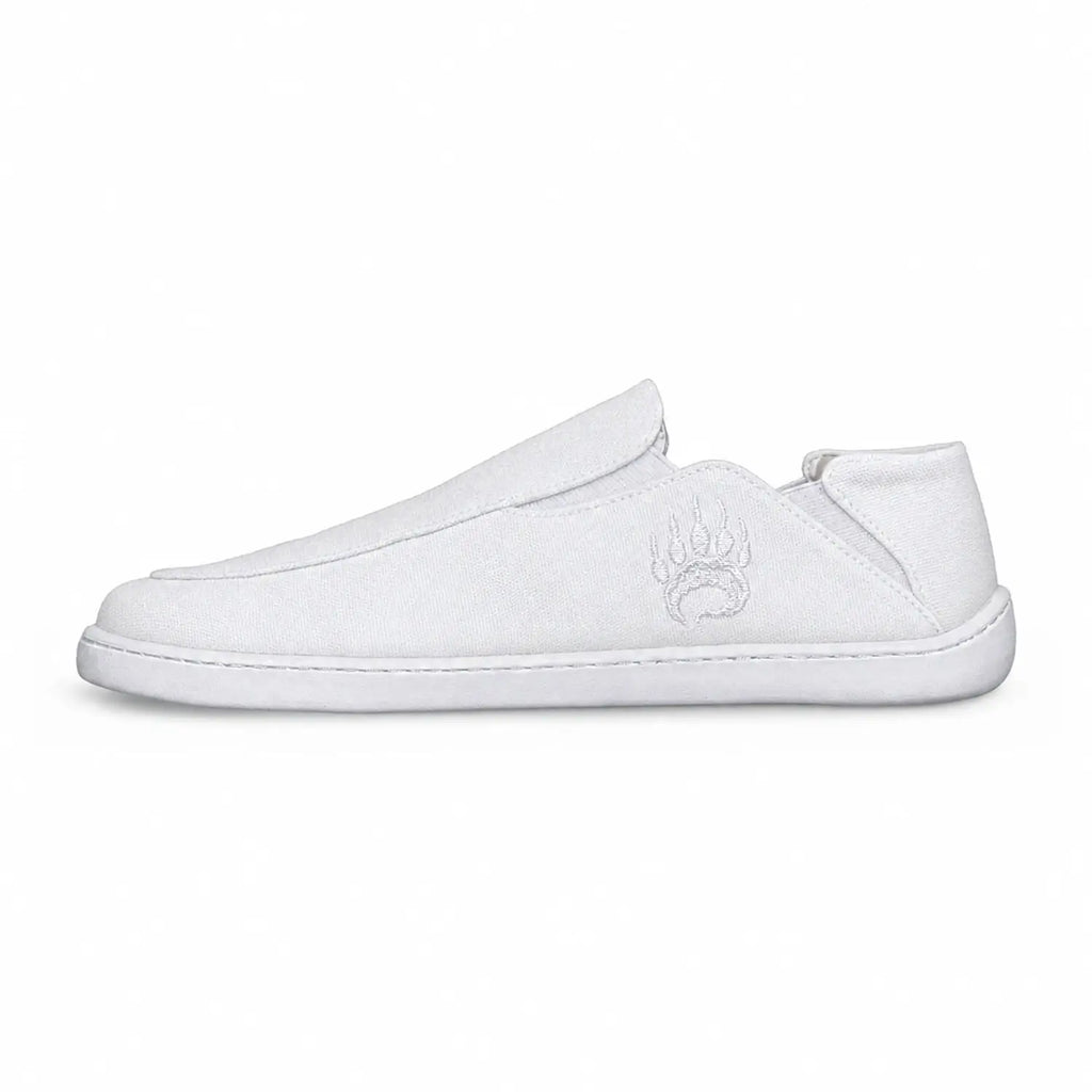 Oso CG2 barefoot slip-on shoe in white canvas viewed from the side