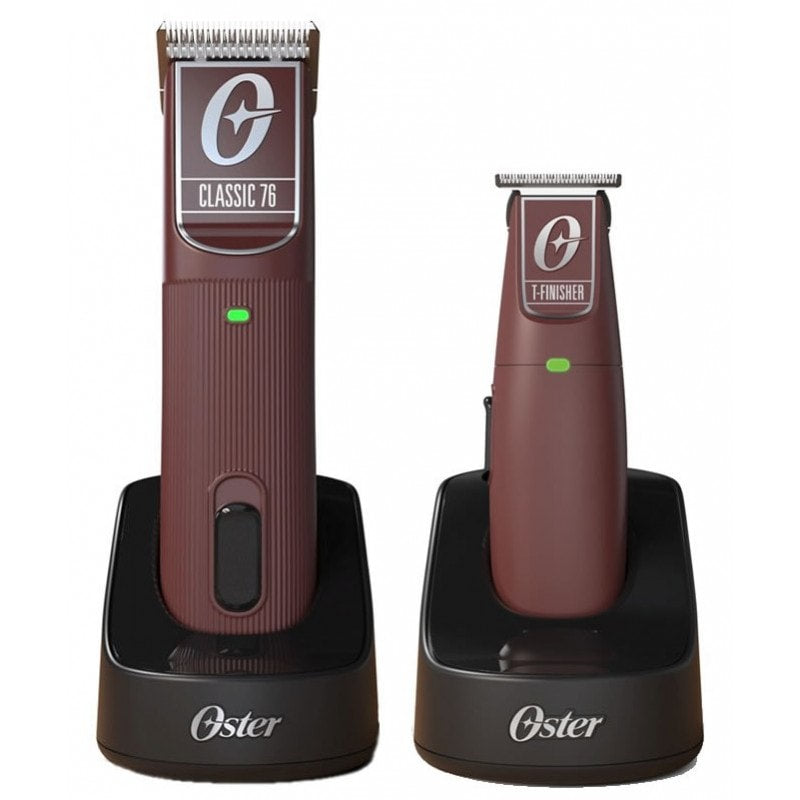 Oster professional cordless clipper and T-finisher trimmer set in deep burgundy and matte black.