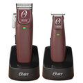 Oster cordless Fast Feed clipper and T-Finisher trimmer in burgundy and matte black finish.
