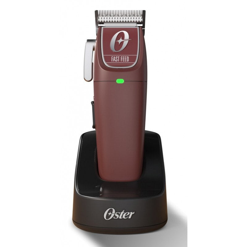 Oster Cordless Fast Feed clipper in burgundy finish with black and metallic accents