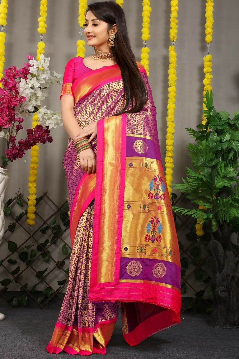 Purple Banarasi Silk Saree with intricate gold Zari woven patterns and contrast pink blouse