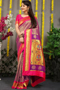 Purple Banarasi Silk Saree with intricate gold Zari woven patterns and contrast pink blouse