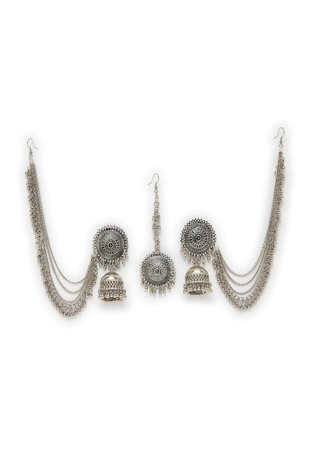 Johar Kamal Bahubali Earrings with Maang Tikka in Silver Finish