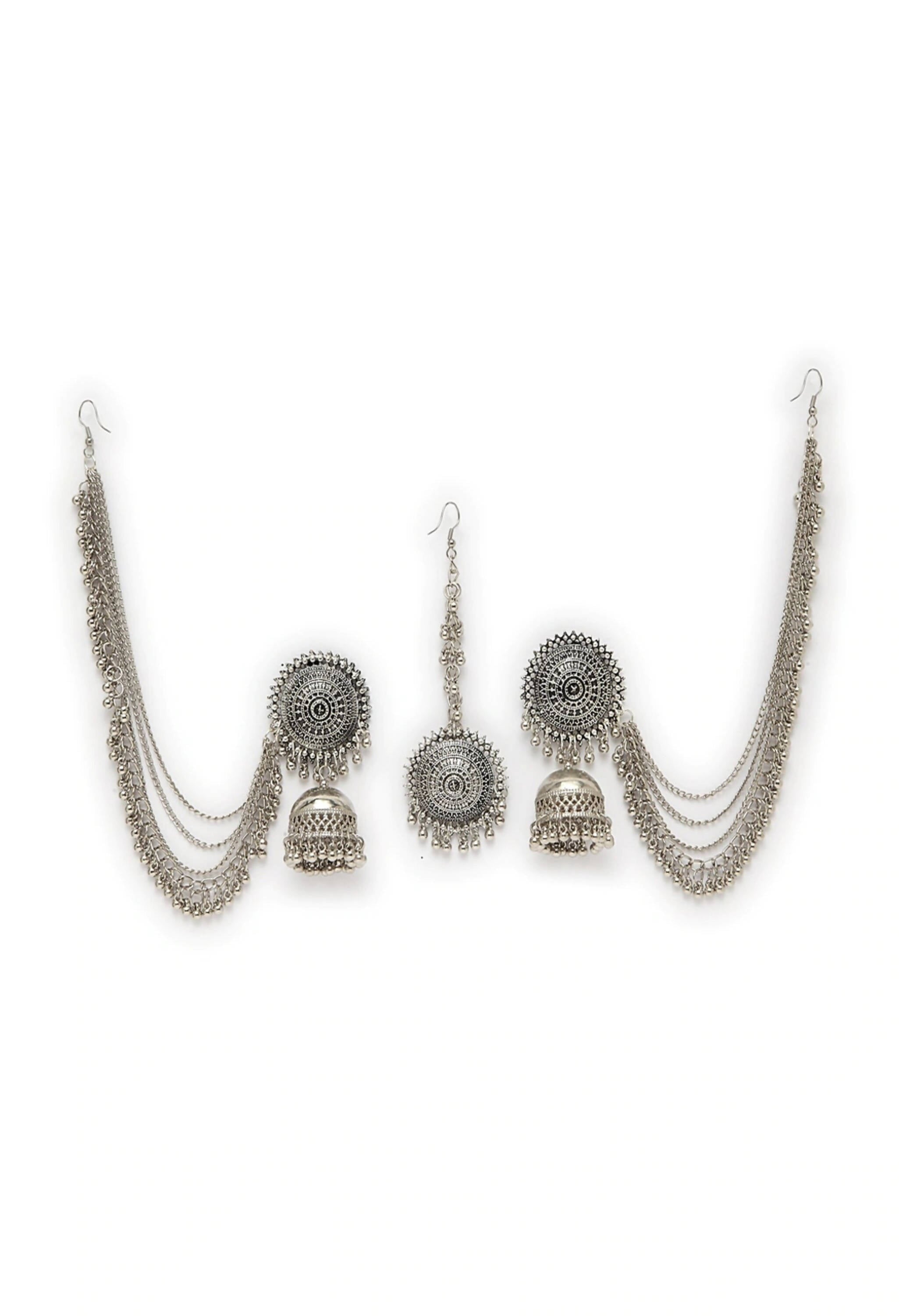 Johar Kamal Bahubali Earrings with Maang Tikka in Silver Finish