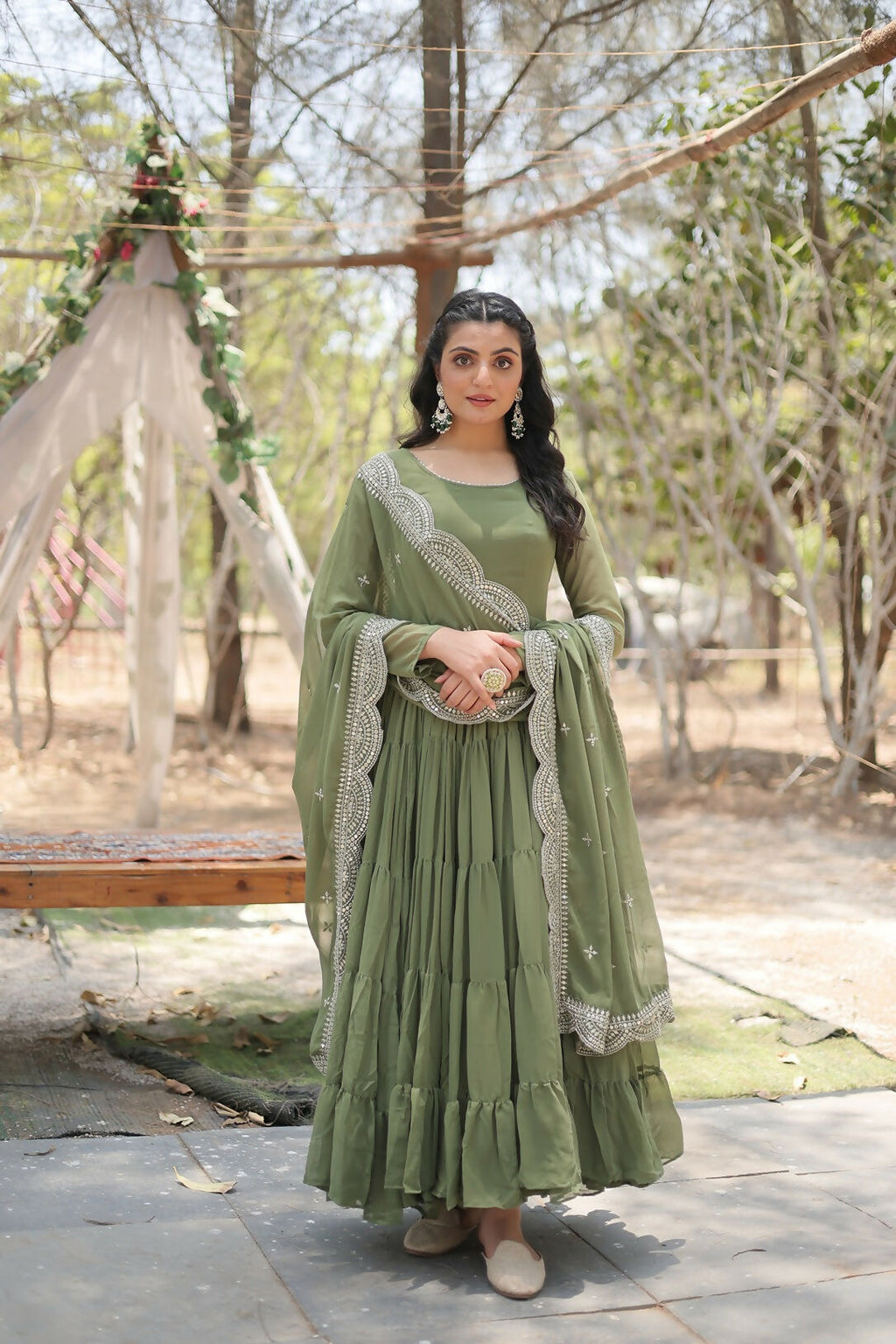 Mehandi Green Georgette Kurta Set with Silver Sequence Embroidery