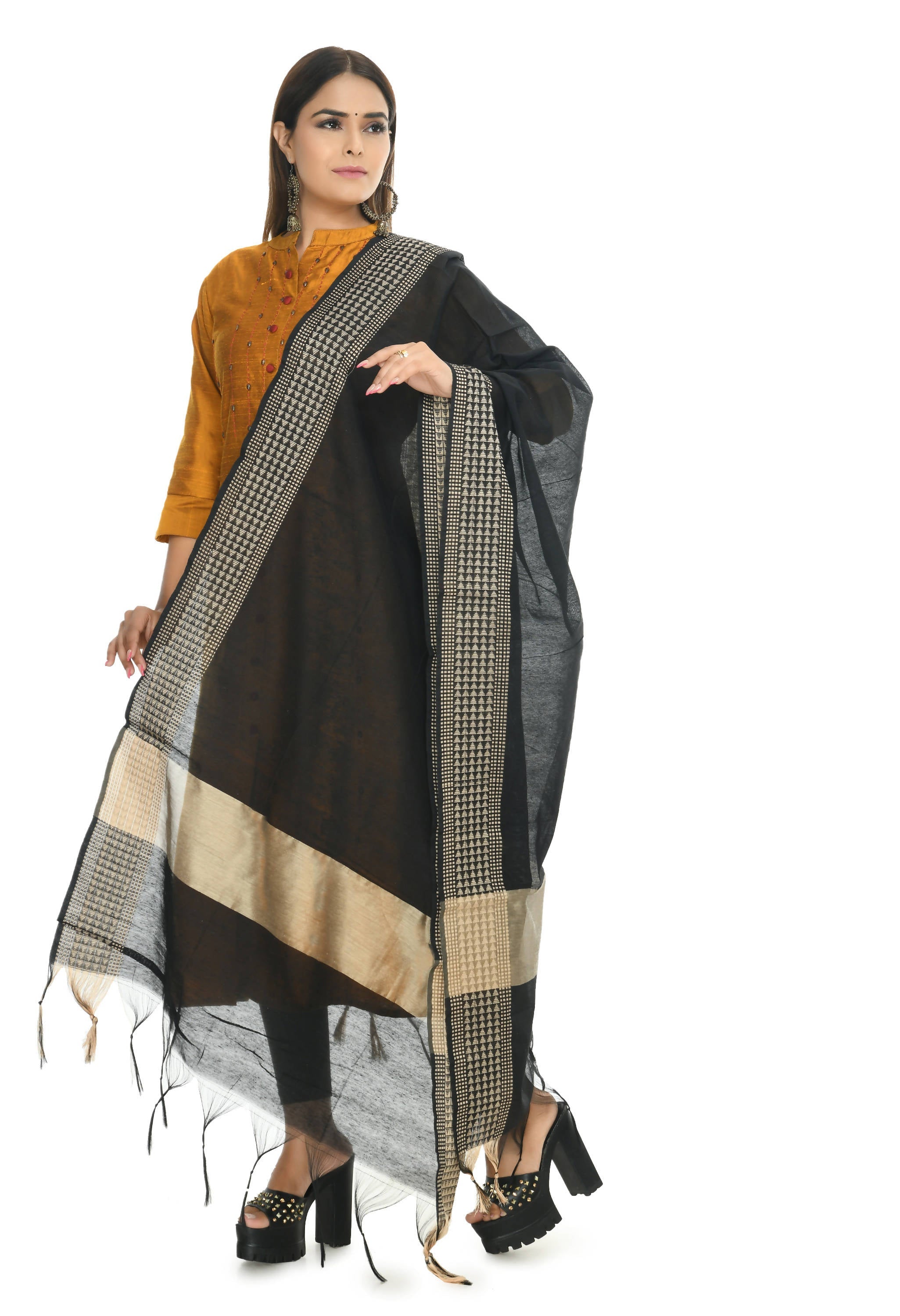 Black Handloom Cotton Dupatta with Geometric Print for Women