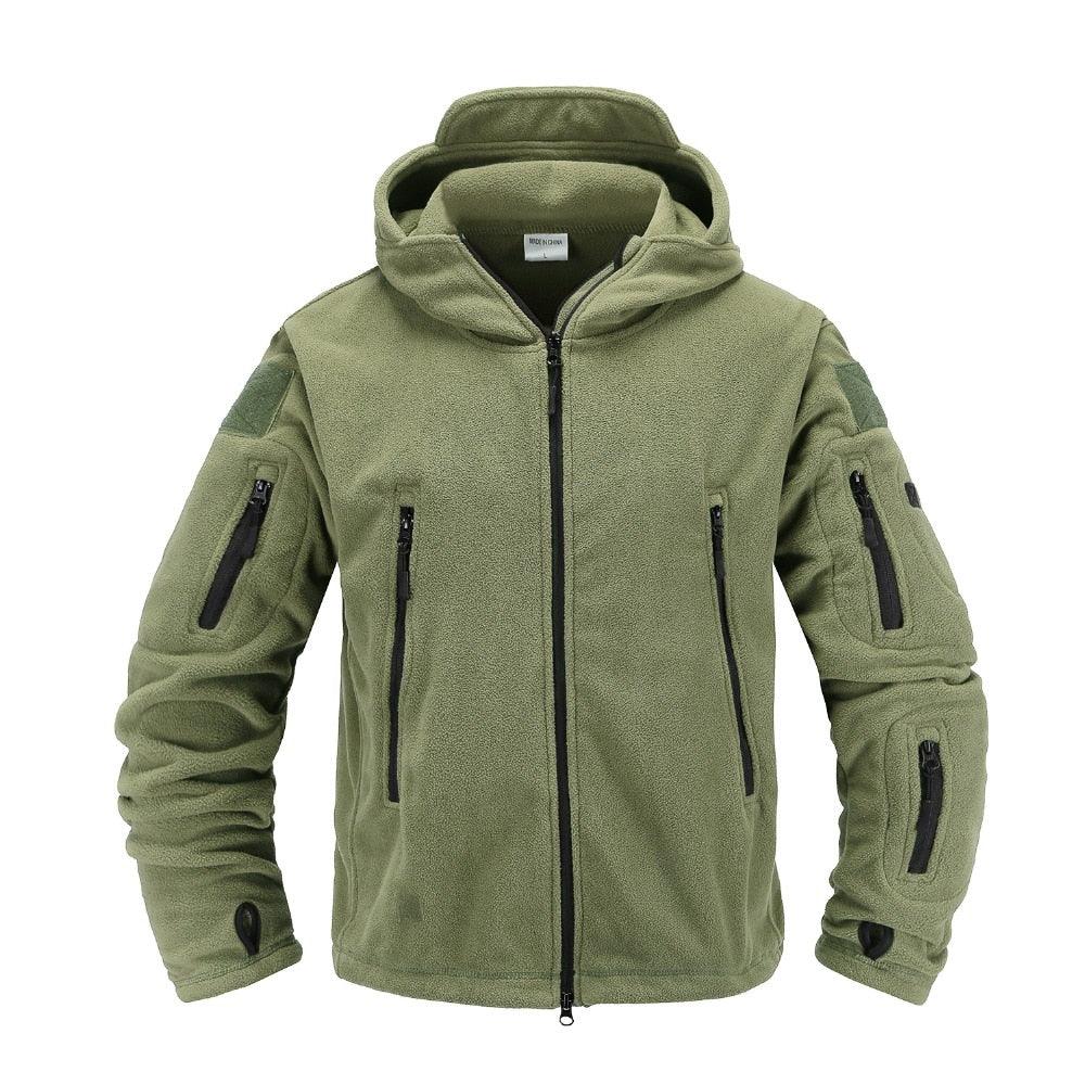 Men's tactical hooded fleece jacket in a thermal material, suitable for hiking and outdoor sports