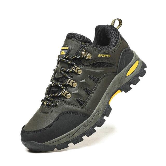 Men's rugged waterproof leather hiking boots with slip-resistant soles and reinforced toe caps for outdoor mountain activities.