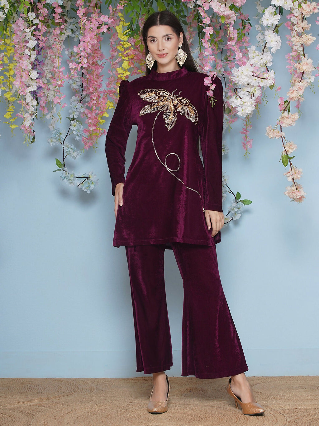 Joban Fashion Wine Velvet Hand Embellished Coord Set