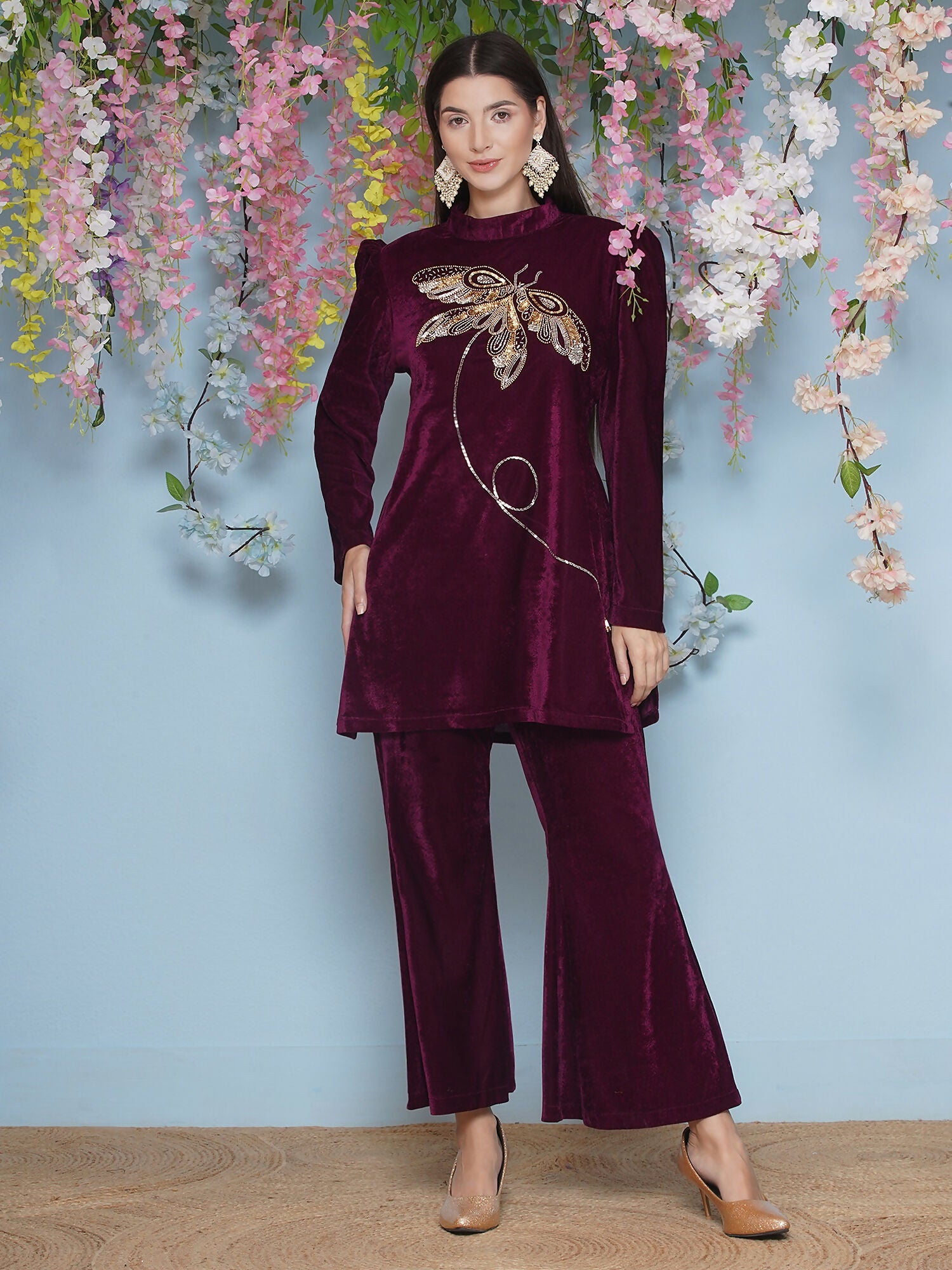 Joban Fashion Wine Velvet Hand Embellished Coord Set