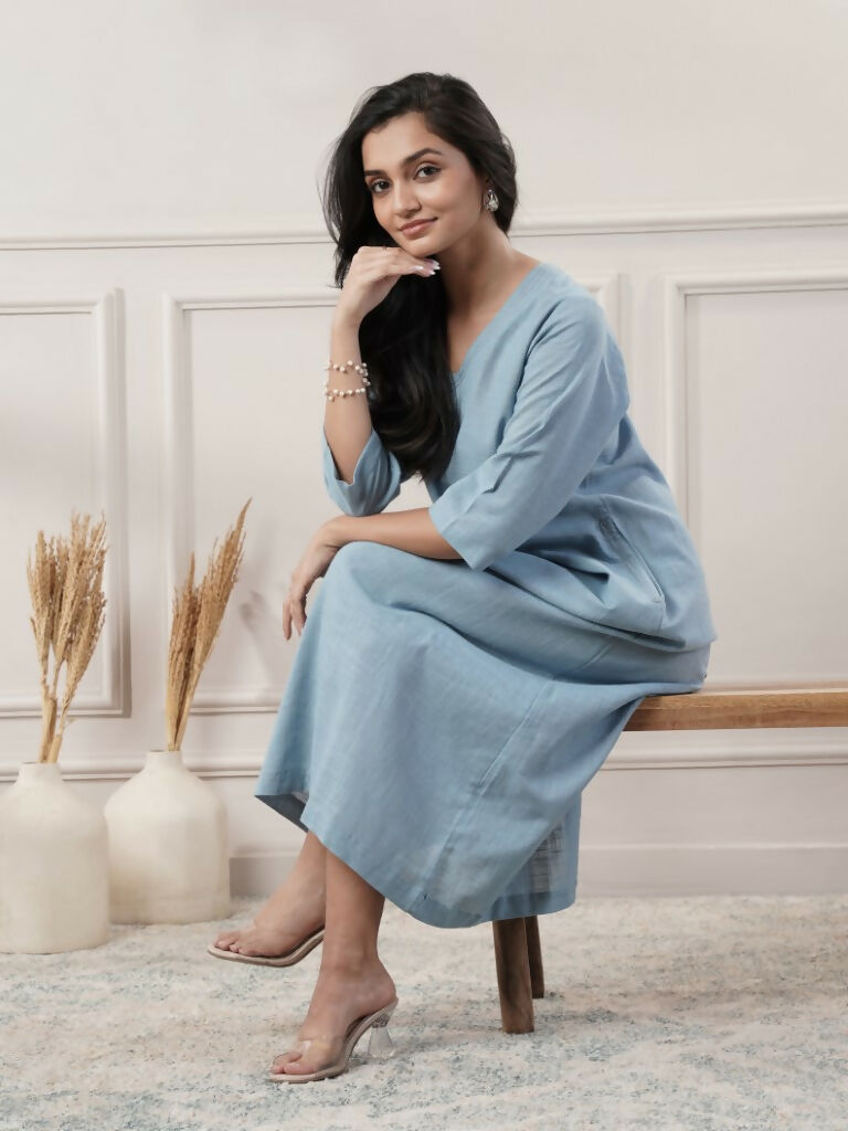 Women's Smoke Blue V-Neck Dress with Cap Sleeves