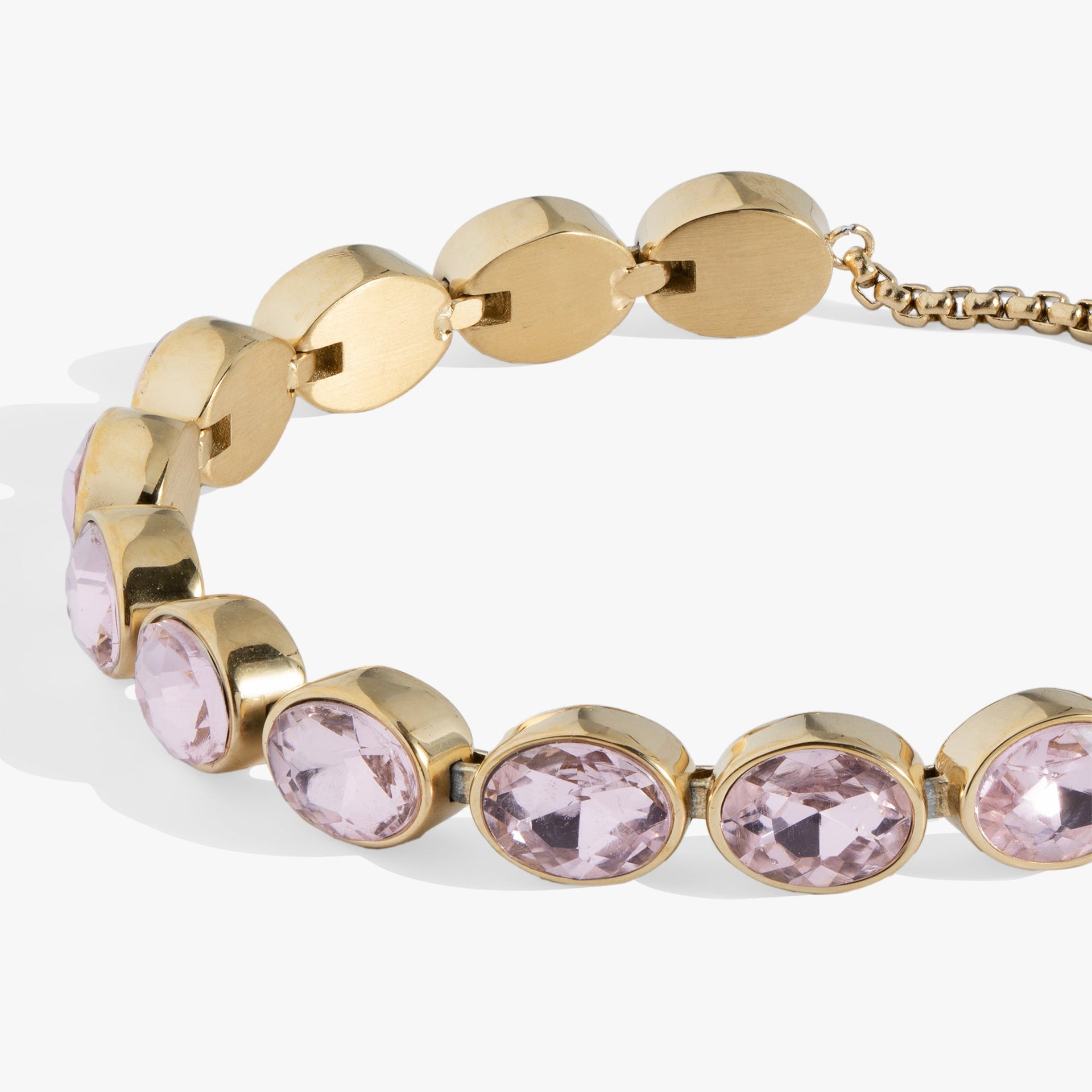 Oval Pink Crystal Tennis Bolo Bracelet in Polished Gold Tone