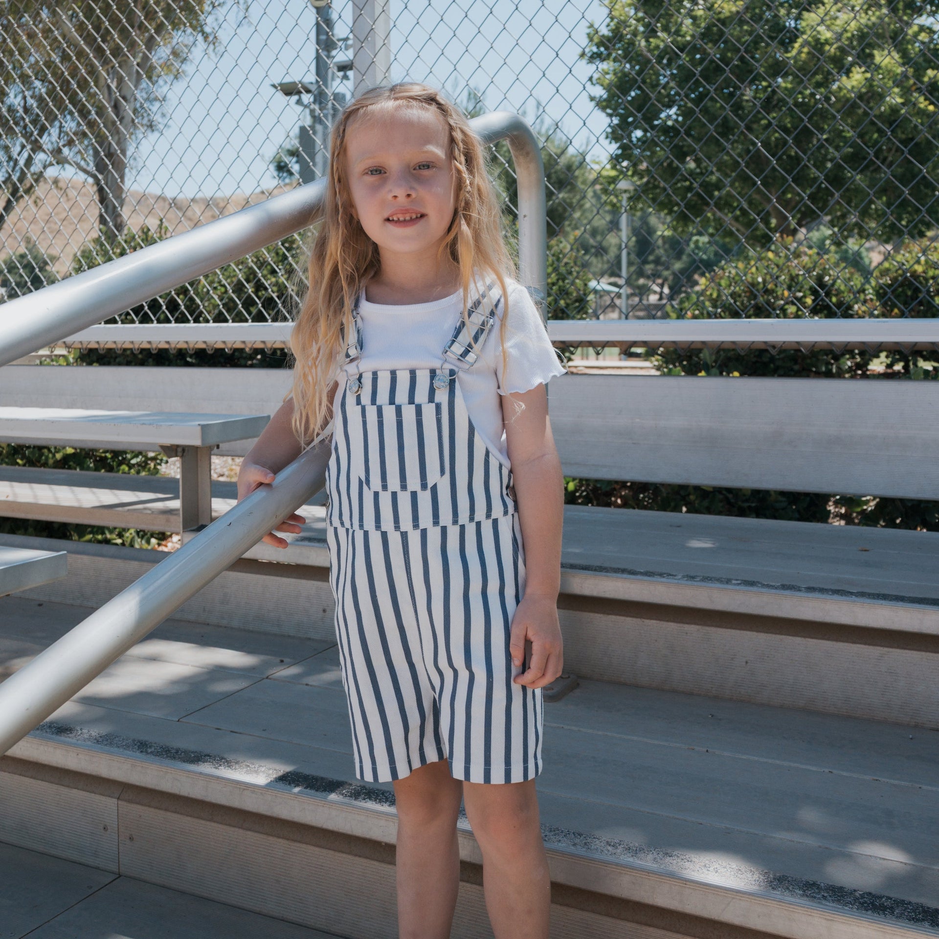 Kids Nautical Stripe Denim Overalls in Blue and White