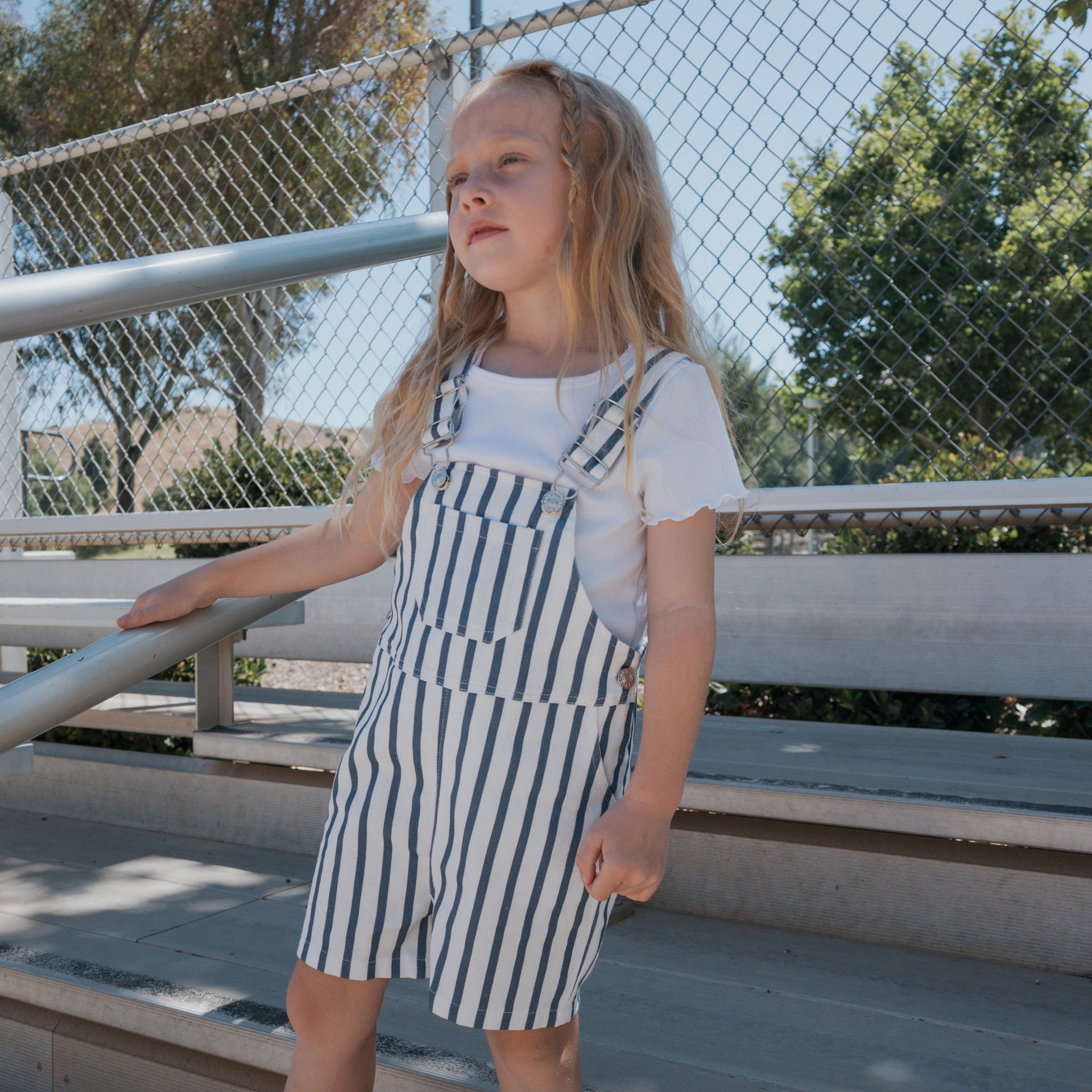 Kids Nautical Stripe Denim Overalls in Blue and White