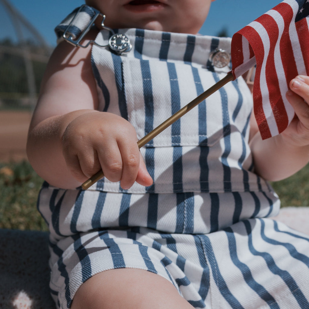 Kids Nautical Stripe Denim Overalls in Blue and White