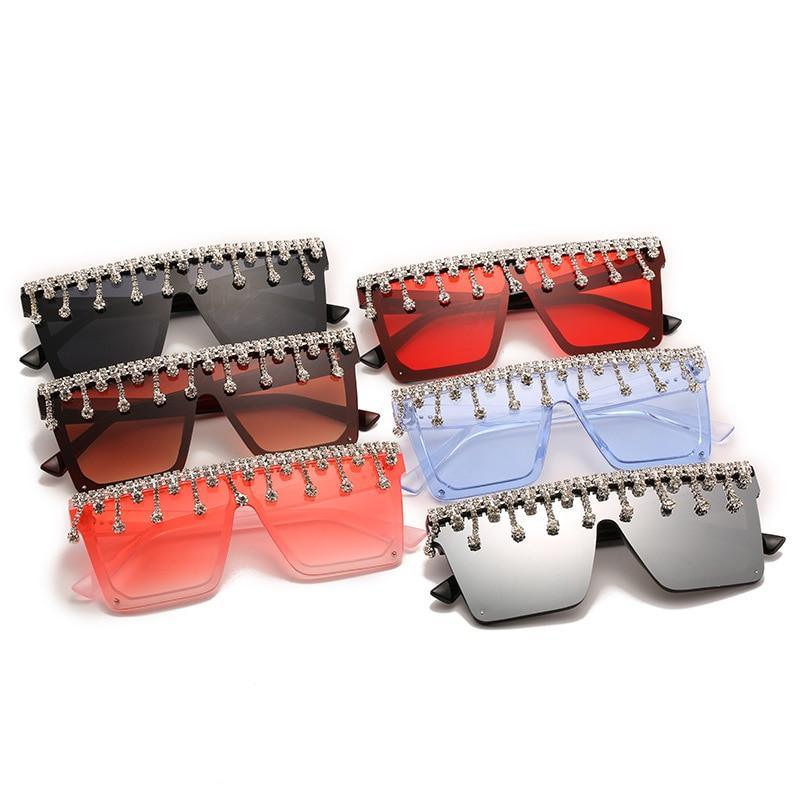 Oversize Square Crystal Sunglasses with Rhinestone Flat Top Frame