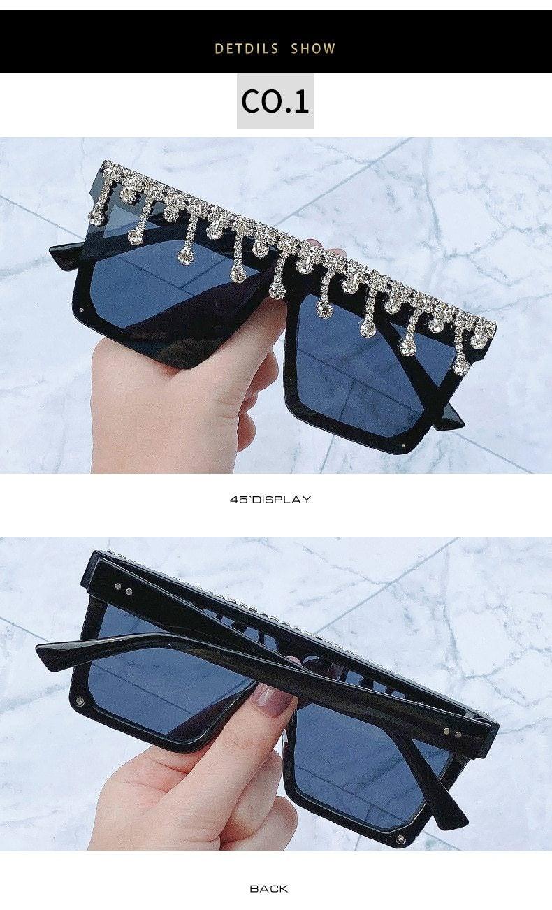Oversize Square Crystal Sunglasses with Rhinestone Flat Top Frame