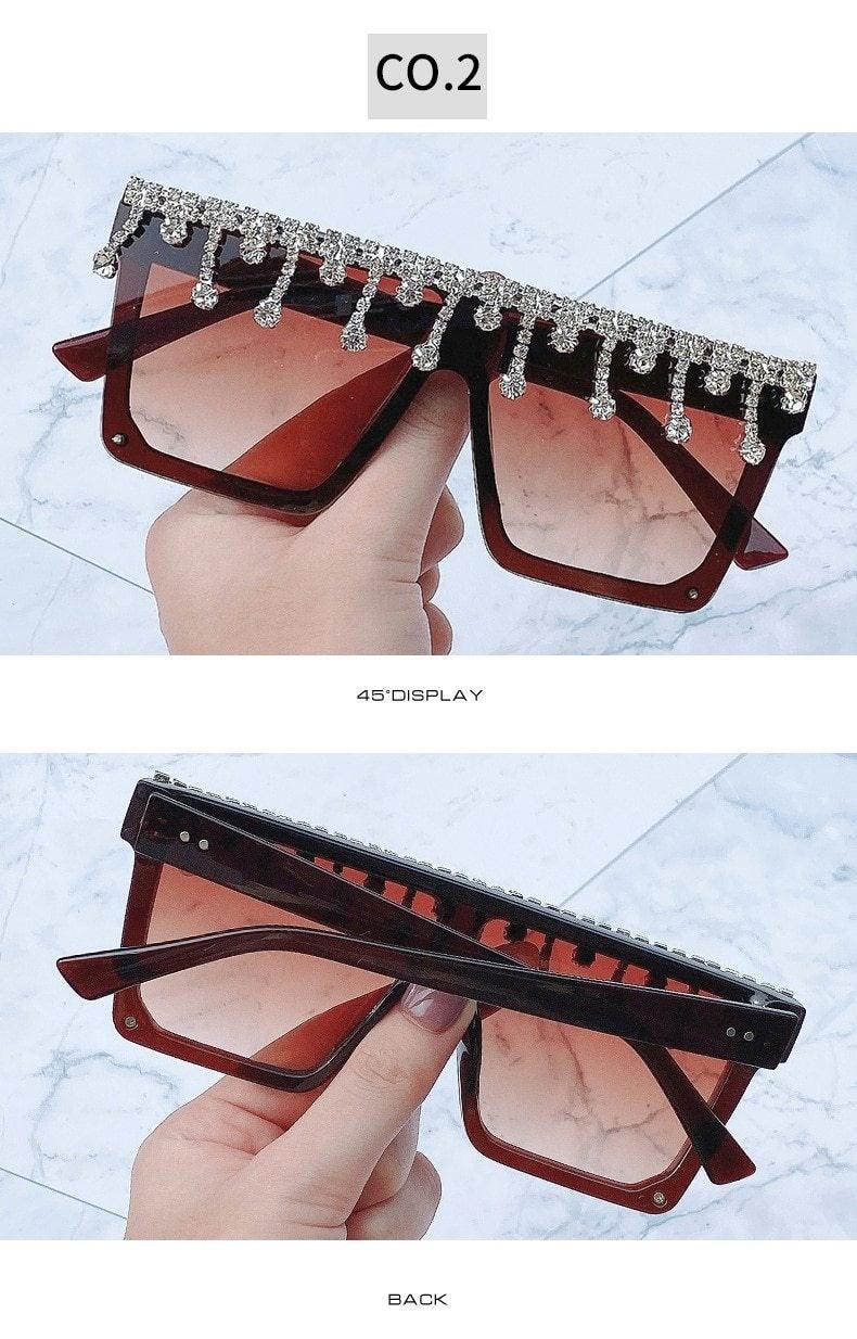 Oversize Square Crystal Sunglasses with Rhinestone Flat Top Frame