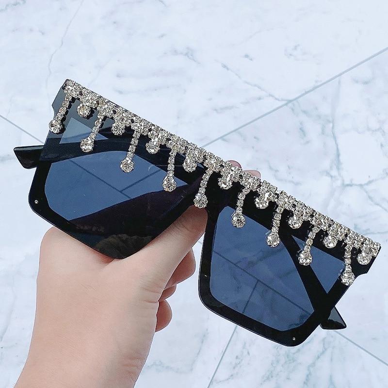 Oversize Square Crystal Sunglasses with Rhinestone Flat Top Frame