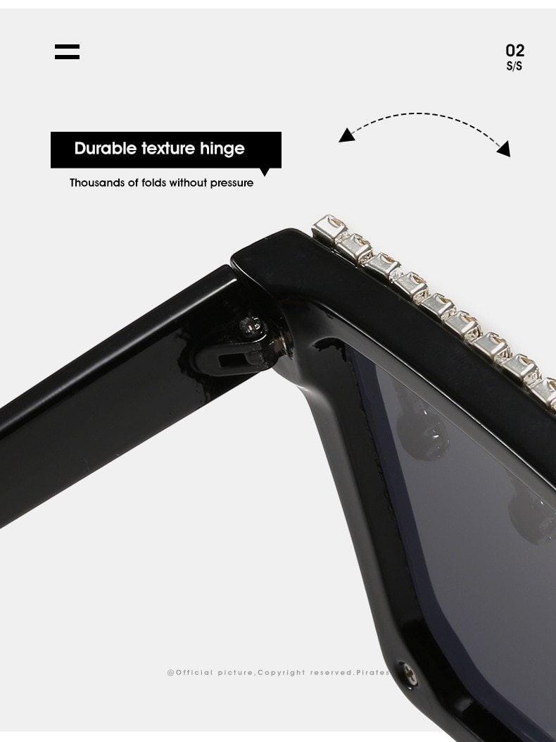 Oversize Square Crystal Sunglasses with Rhinestone Flat Top Frame