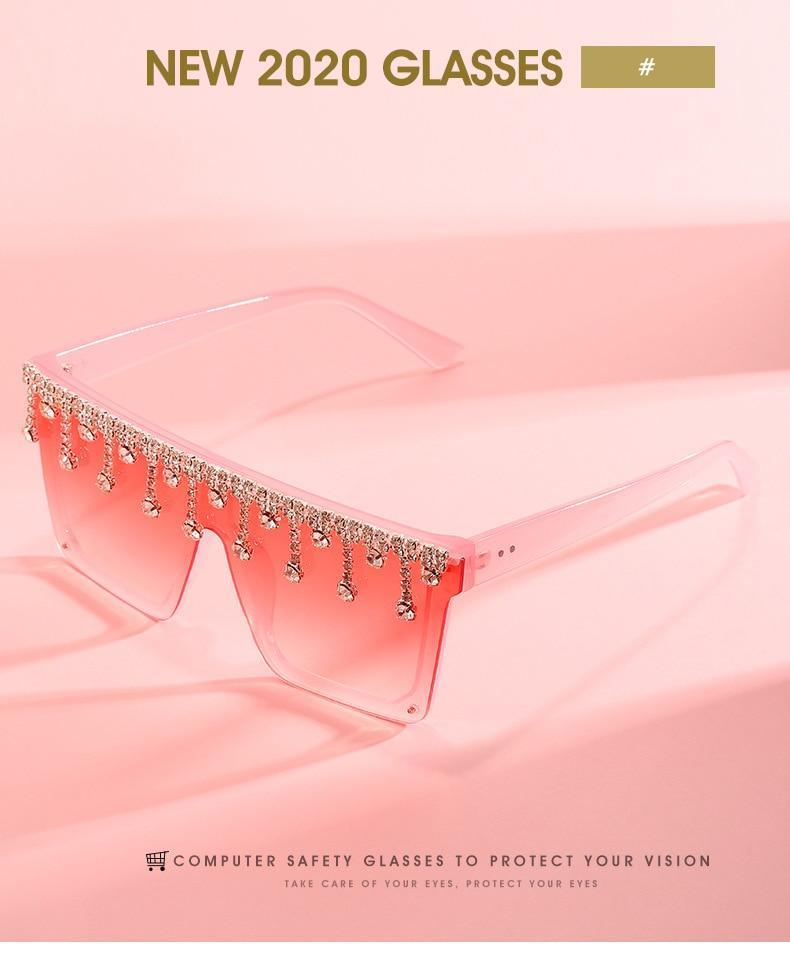 Oversize Square Crystal Sunglasses with Rhinestone Flat Top Frame
