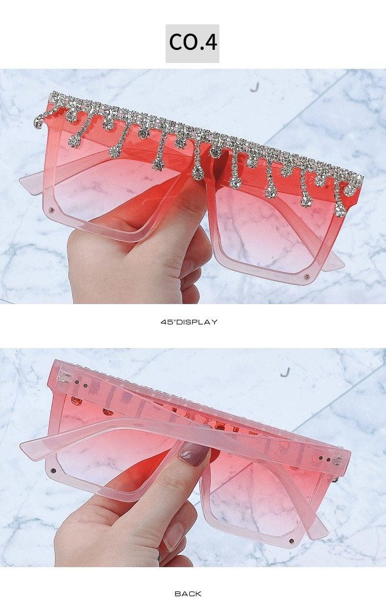 Oversize Square Crystal Sunglasses with Rhinestone Flat Top Frame