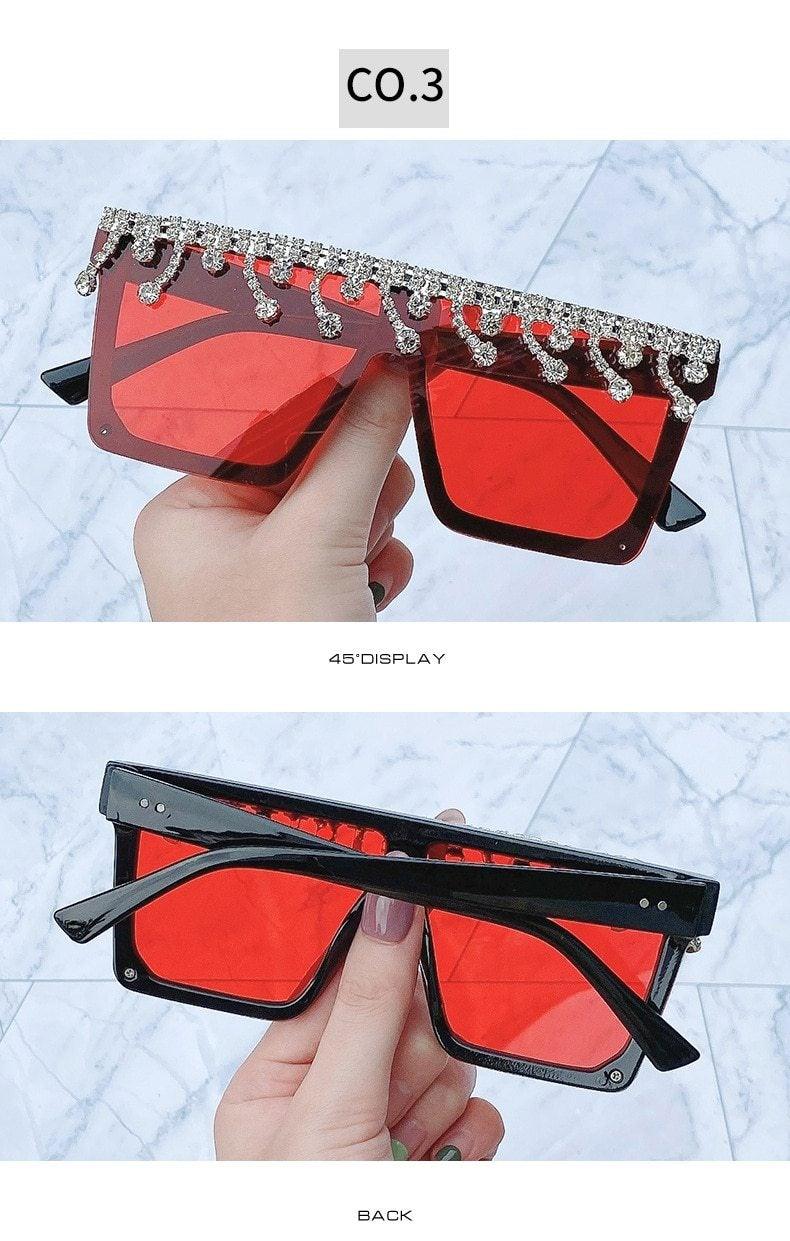 Oversize Square Crystal Sunglasses with Rhinestone Flat Top Frame