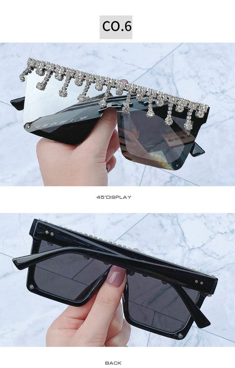 Oversize Square Crystal Sunglasses with Rhinestone Flat Top Frame