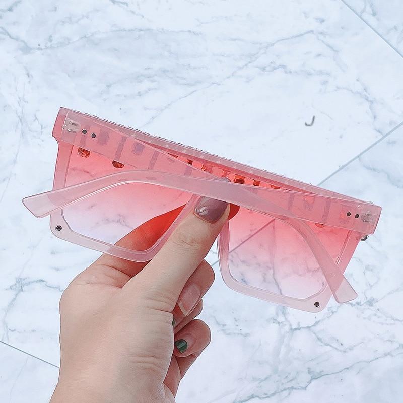 Oversize Square Crystal Sunglasses with Rhinestone Flat Top Frame