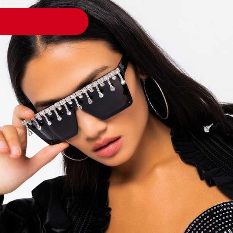 Oversize square flat top sunglasses with rhinestone detailing in a luxury crystal style.