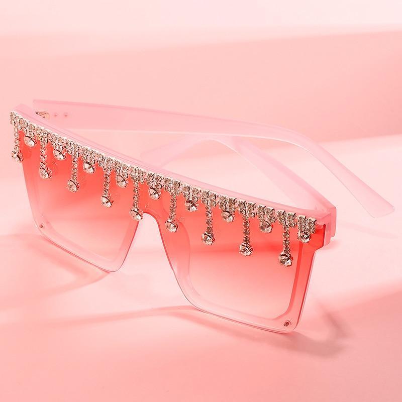 Oversize Square Crystal Sunglasses with Rhinestone Flat Top Frame