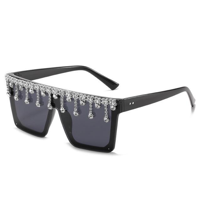 Oversize Square Crystal Sunglasses with Rhinestone Flat Top Frame