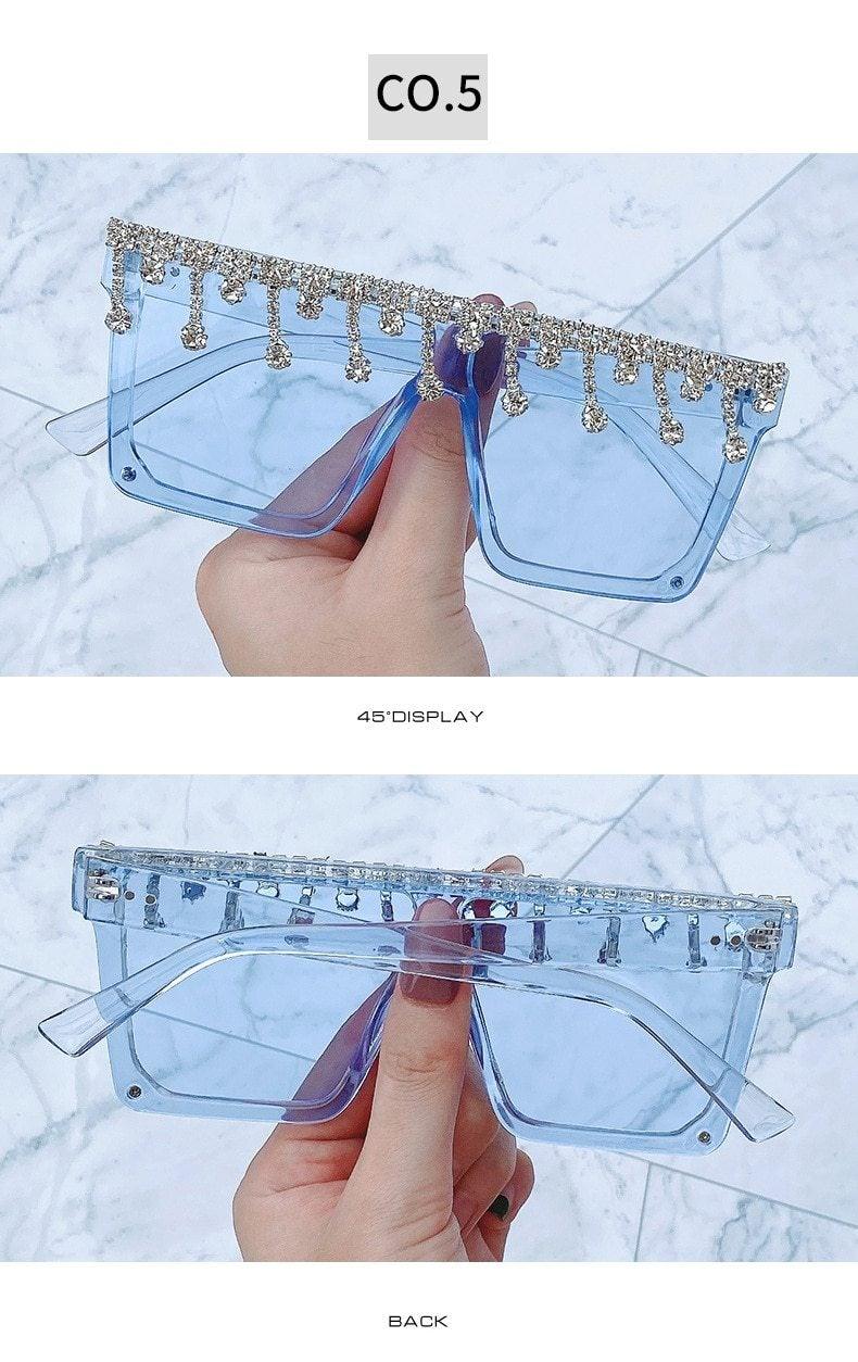 Oversize Square Crystal Sunglasses with Rhinestone Flat Top Frame