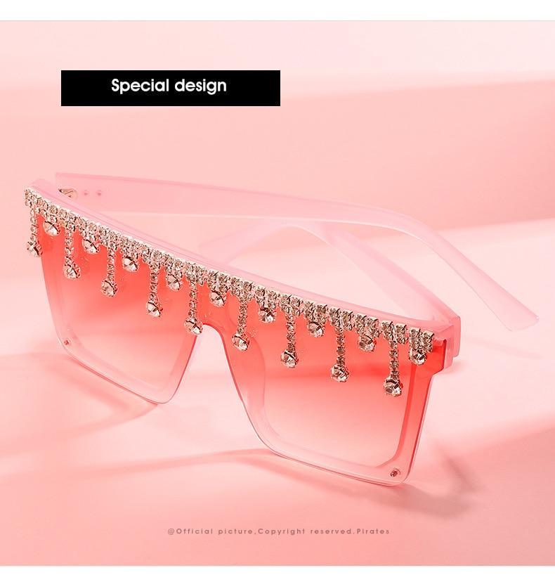 Oversize Square Crystal Sunglasses with Rhinestone Flat Top Frame