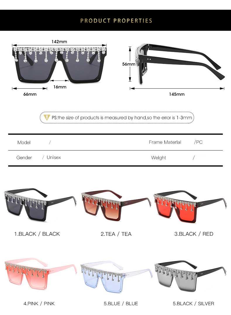 Oversize Square Crystal Sunglasses with Rhinestone Flat Top Frame