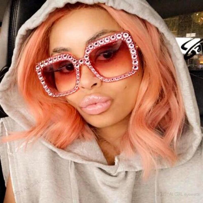 Oversized square women's sunglasses with crystal diamond accents on black acetate frames