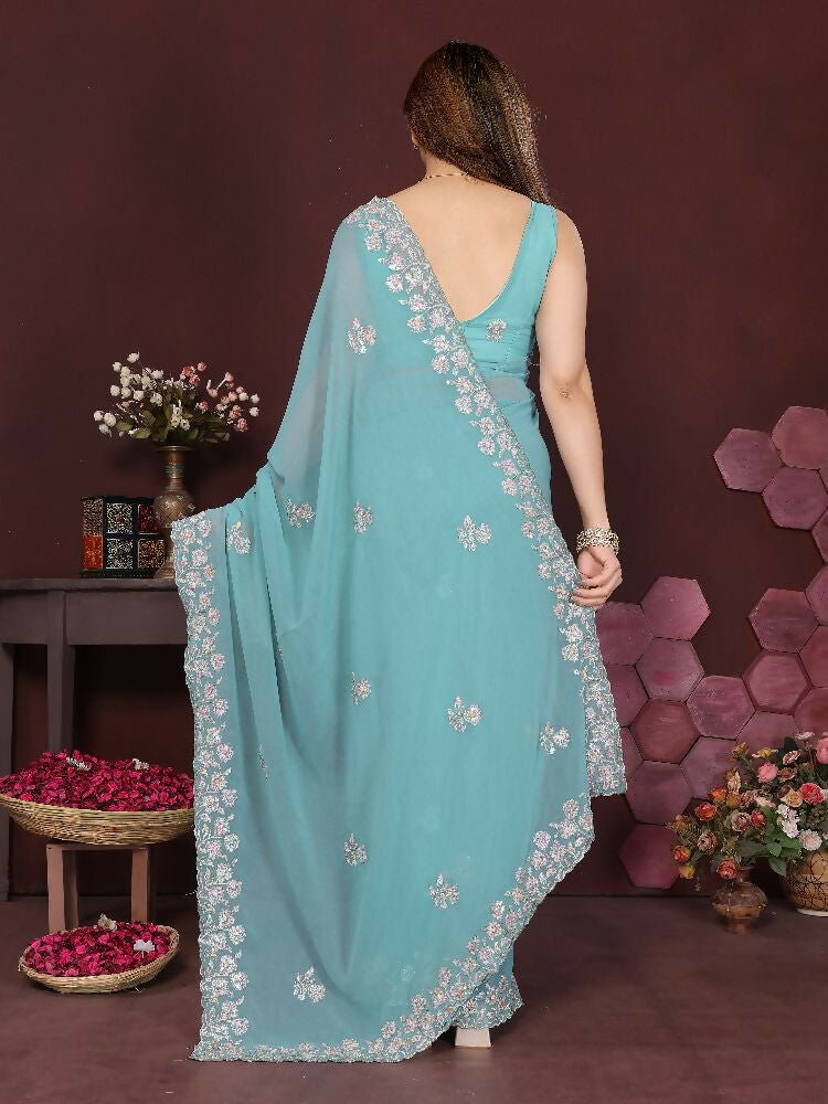 Turquoise Georgette Embroidered Saree with Matching Blouse